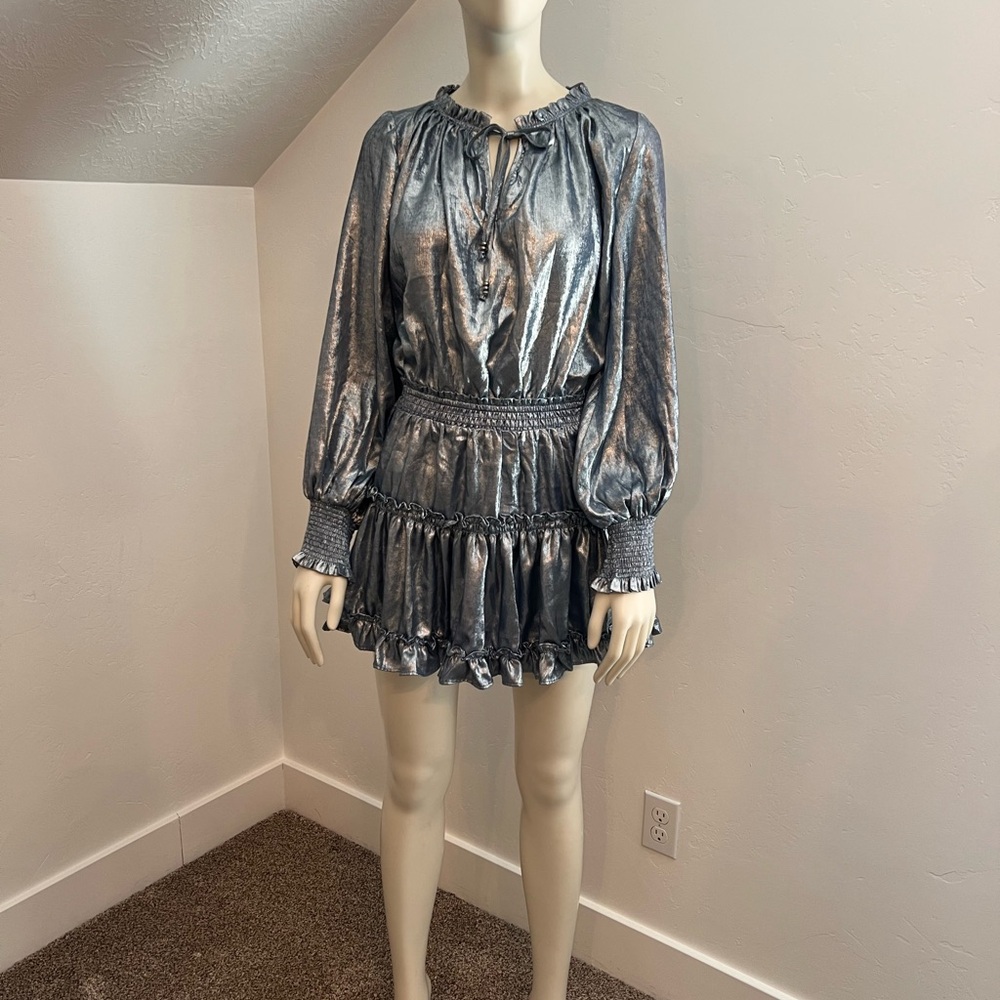 Metallic Silver Light Blue Long Sleeve Ruffled  Dress